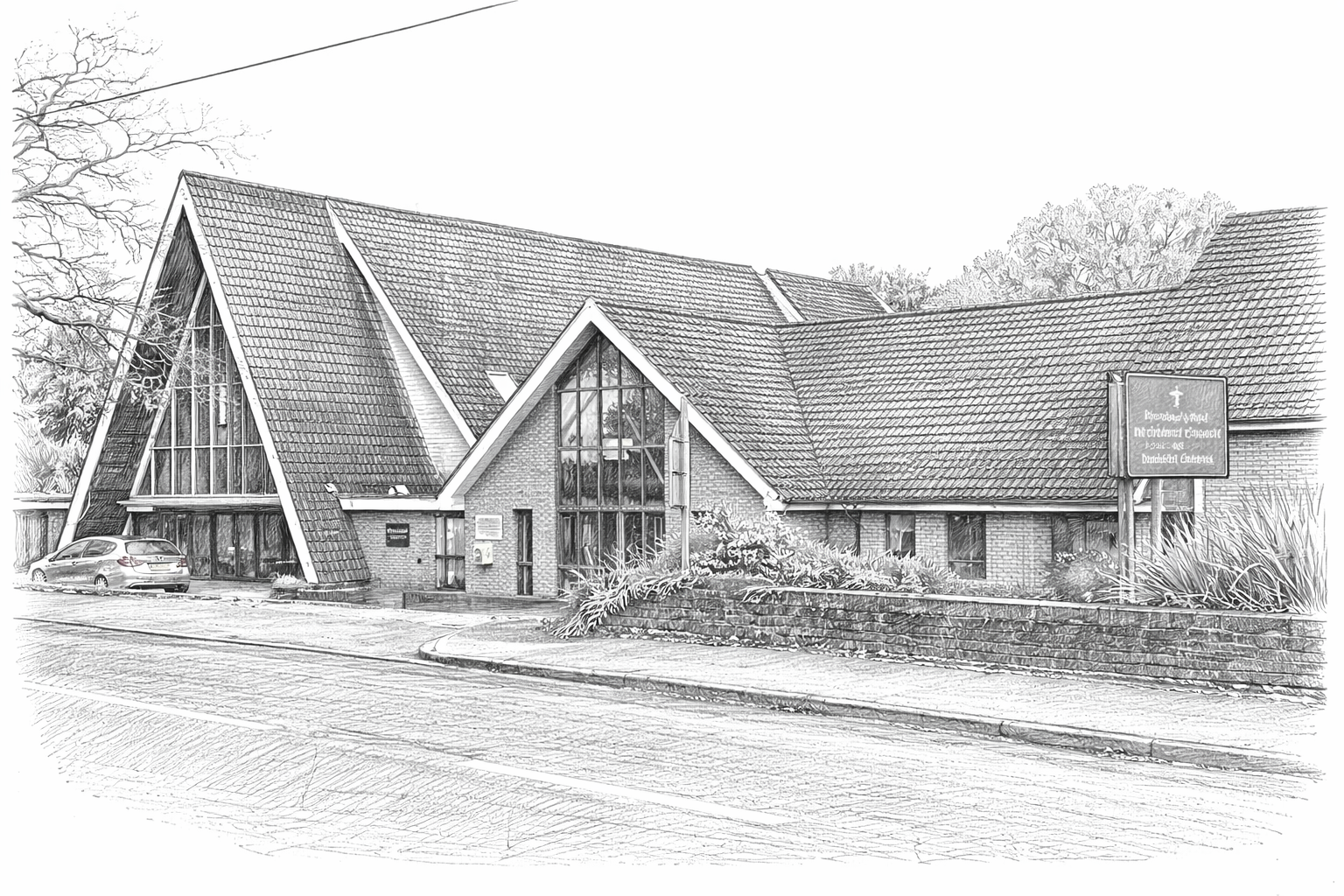 black and white sketch of Chandlers Ford Methodist Church exterior
