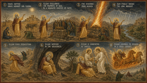 Illustration showing Elijah's story in six panels