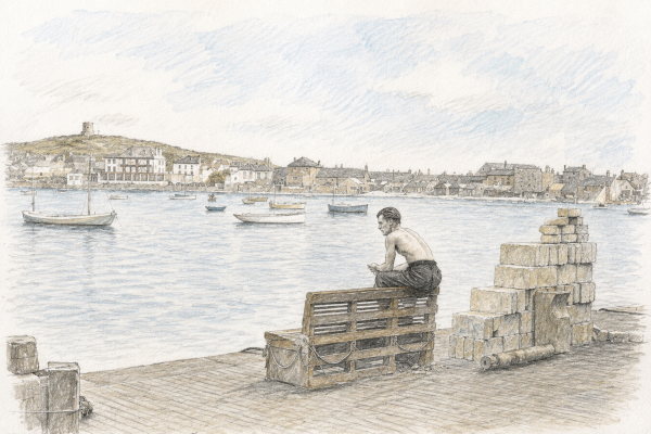 on the quay watercolour sketch