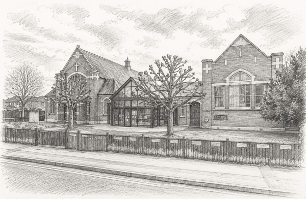 Pencil sketch of St James Road Methodist Church